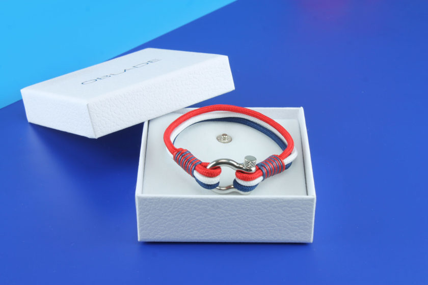 Bracelet en nylon bleu blanc rouge et manille en acier inoxydable