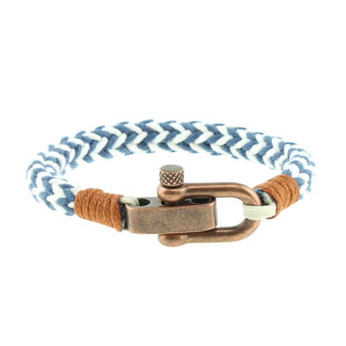 Bracelet en coton bleu et blanc et manille en acier inoxydable plaquage cuivre