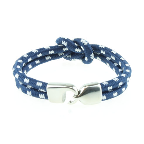 Bracelet en nylon bleu et blanc avec nœud de huit et fermoir en acier inoxydable