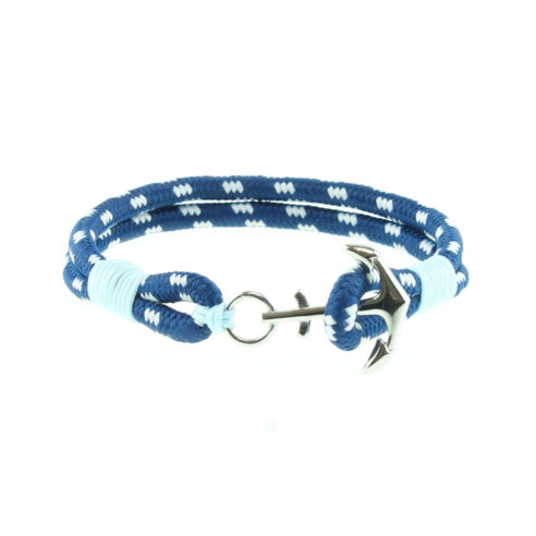 Bracelet en nylon bleu marine et bleu ciel avec ancre en acier inoxydable