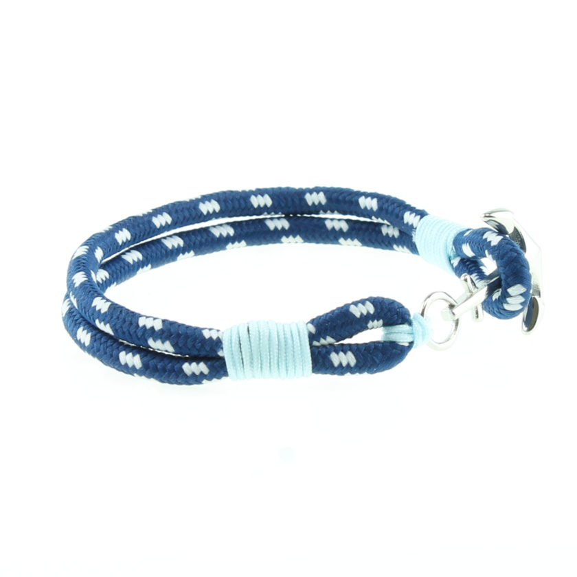Bracelet en nylon bleu marine et bleu ciel avec ancre en acier inoxydable