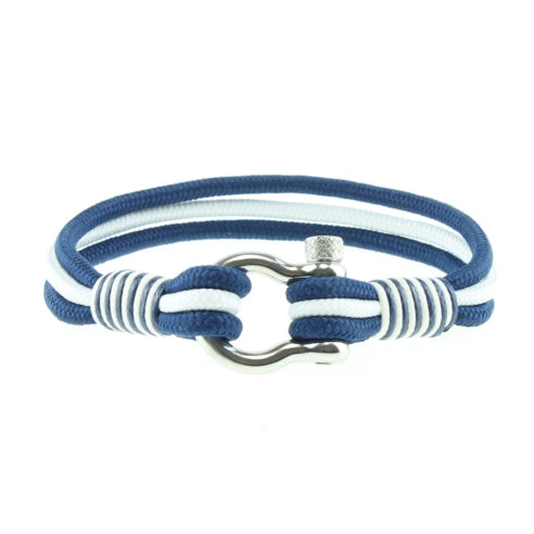 Bracelet en nylon bleu et blanc avec manille en acier inoxydable