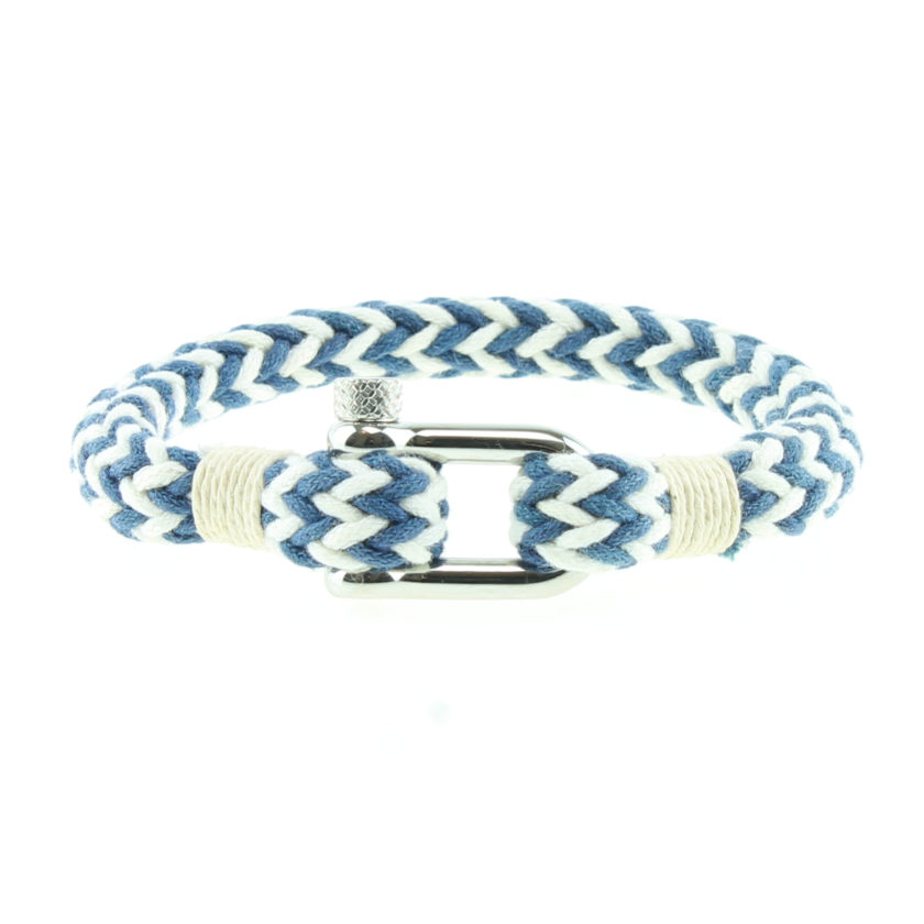 Bracelet en coton bleu et blanc avec manille en acier inoxydable