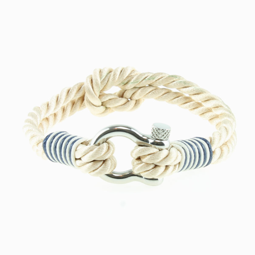 Bracelet en coton beige avec nœud de huit et manille en acier inoxydable