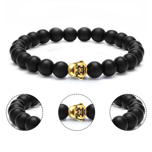 Bracelet pour homme composé d'une élégante tête de bouddha et de perles d'onyx mat.