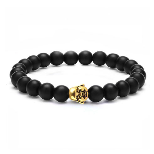 Bracelet pour homme composé d'une élégante tête de bouddha et de perles d'onyx mat.