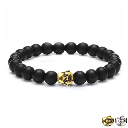 Bracelet pour homme composé d'une élégante tête de bouddha et de perles d'onyx mat.