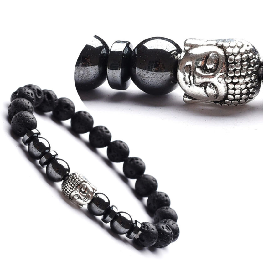 Bracelet bouddha couleur argent, perles de pierres de lave et d'hématite