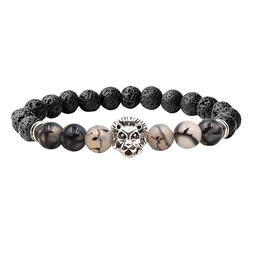 Bracelet pour homme composé d'une élégante tête de lion de couleur argent, de perles de pierre de lave et de perles d'agate grise.
