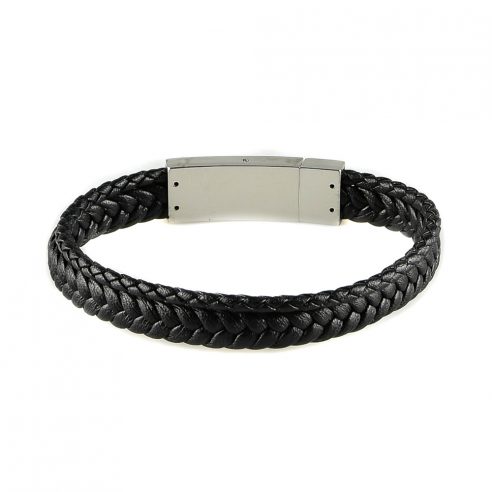 Bracelet pour homme composé de deux lanières de cuir noir tressé.