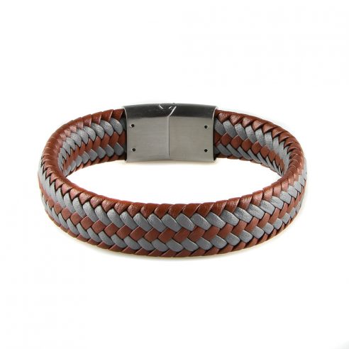Bracelet pour homme en cuir marron et gris tressé.
