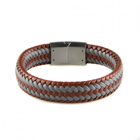 Bracelet pour homme en cuir marron et gris tressé.