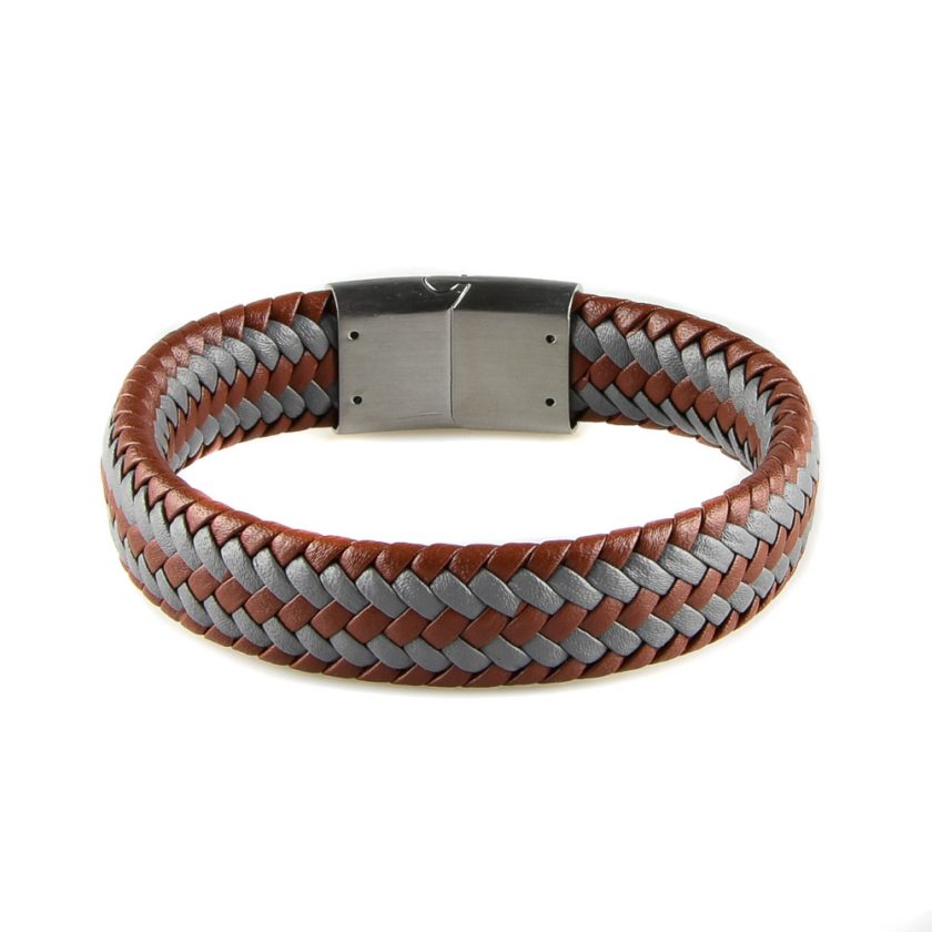 Bracelet pour homme en cuir marron et gris tressé.