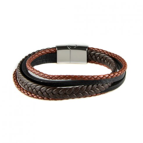 Bracelet pour homme composé de trois lanières de cuir marron tressé et de deux de cuir noir lisse.