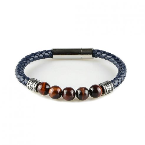 Bracelet pour homme en cuir bleu marine tressé et avec cinq perles œil de tigre.