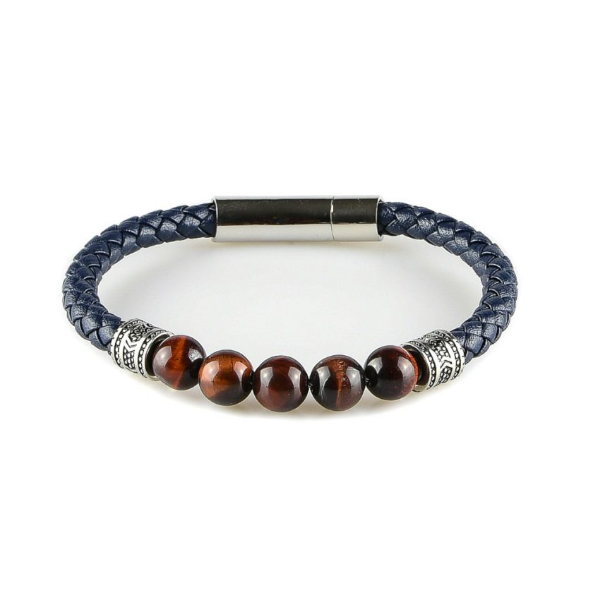 Bracelet pour homme en cuir bleu marine tressé et avec cinq perles œil de tigre.
