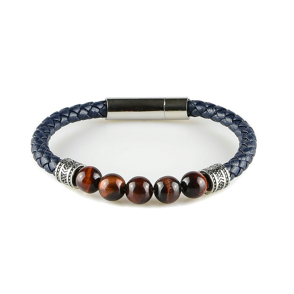 Bracelet Cuir Triple Noir et Bleu avec Perles & Acier - Bracelets