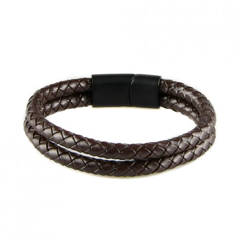 Bracelet pour homme composé de deux lanières de cuir marron tressé.