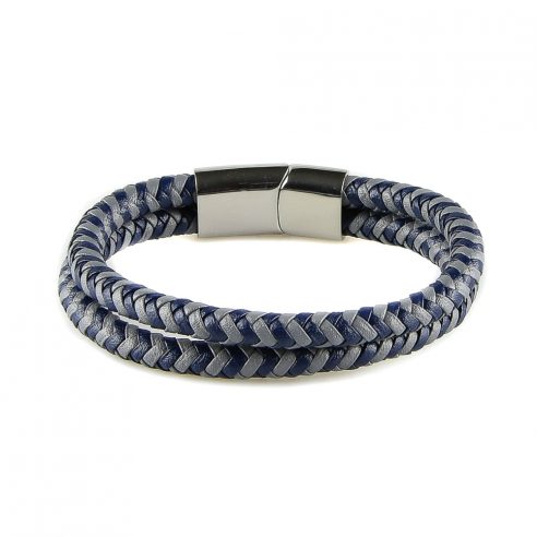 Bracelet pour homme composé de deux lanières de cuir bleu et gris tressé.