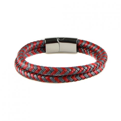 Bracelet pour homme composé de deux lanières de cuir rouge et grise tressé.