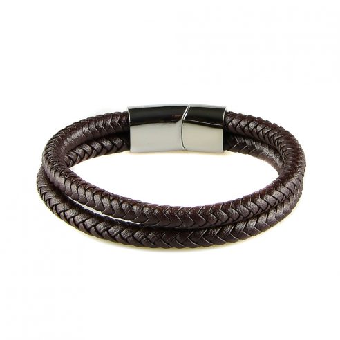 Bracelet pour homme composé de deux lanières de cuir marron tressé.