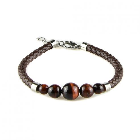 Bracelet pour homme en cuir marron tressé et avec cinq perles œil de tigre.