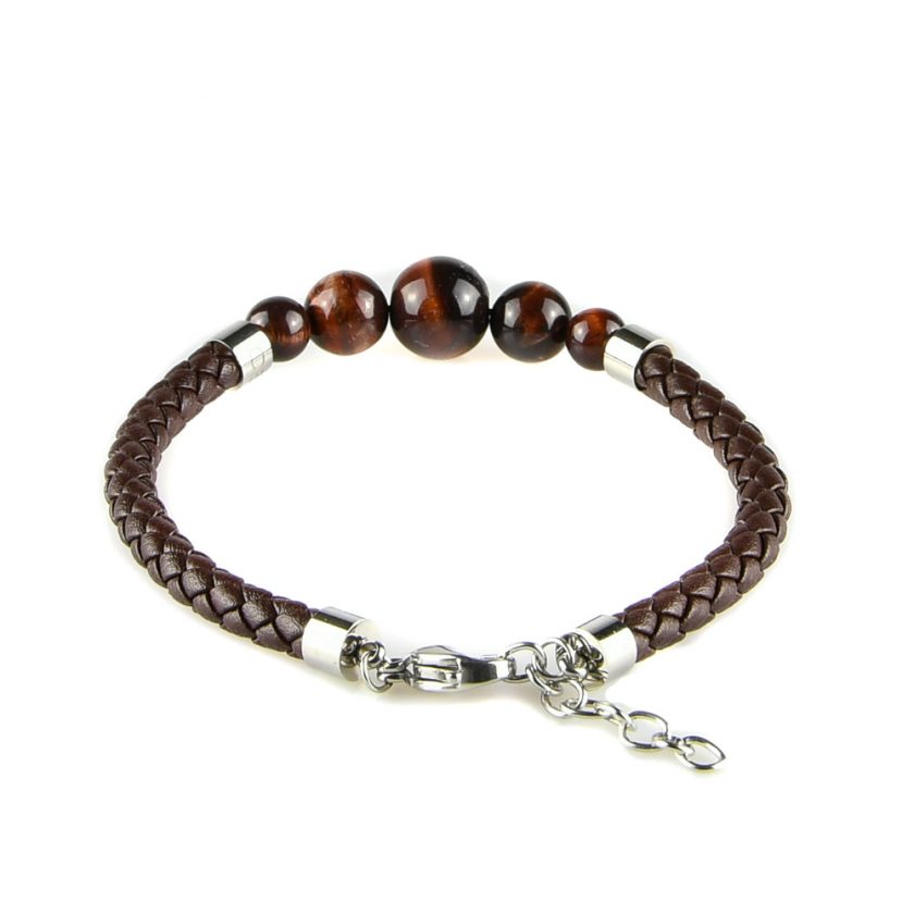 Bracelet pour homme en cuir marron tressé et avec cinq perles œil de tigre.