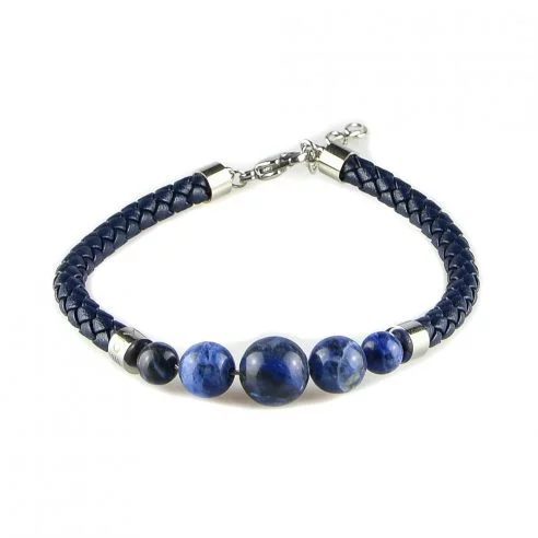 Bracelet pour homme en cuir bleu tressé et avec cinq perles bleues.
