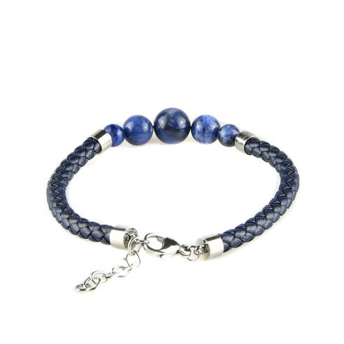 Bracelet pour homme en cuir bleu tressé et avec cinq perles bleues.