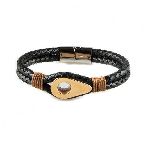 Bracelet pour homme en cuir noir tressé avec une poulie de couleur or rose et des cordages ocre de part et d'autre.