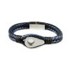 Bracelet pour homme en cuir bleu tressé avec une poulie de couleur argent et des cordages noirs de part et d'autre.