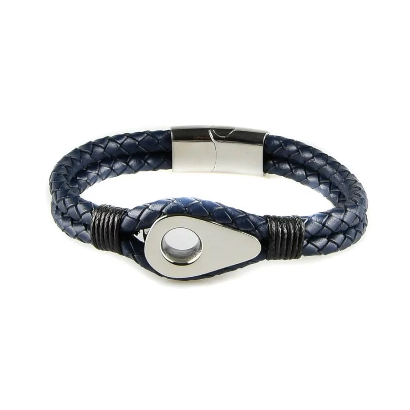 Bracelet pour homme en cuir bleu tressé avec une poulie de couleur argent et des cordages noirs de part et d'autre.