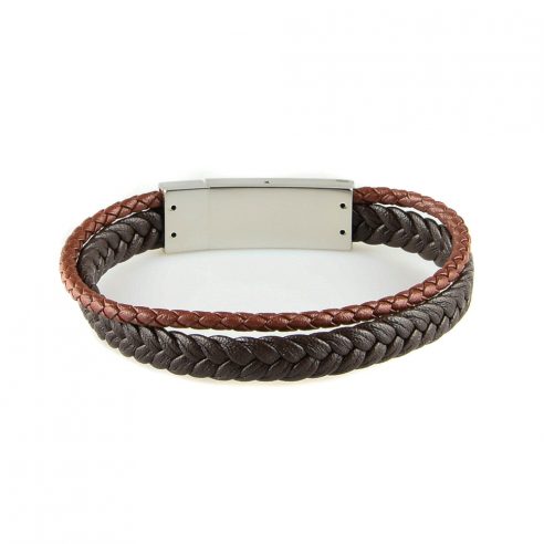 Bracelet pour homme composé de deux lanières de cuir marron tressé, une fine et une plus large.