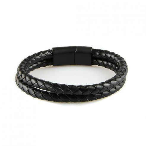 Bracelet pour homme composé de deux lanières de cuir noir tressé.