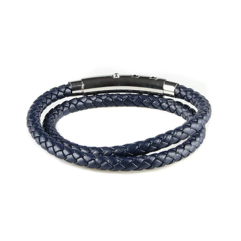 Bracelet pour homme en cuir bleu marine tressé.