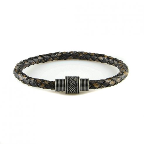 Bracelet pour homme en cuir tressé marron et noir.