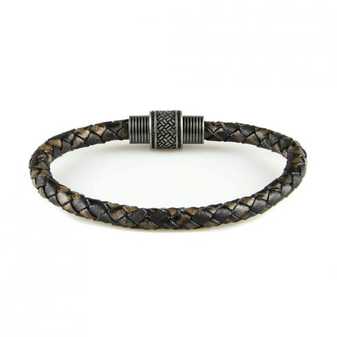 Bracelet pour homme en cuir tressé marron et noir.