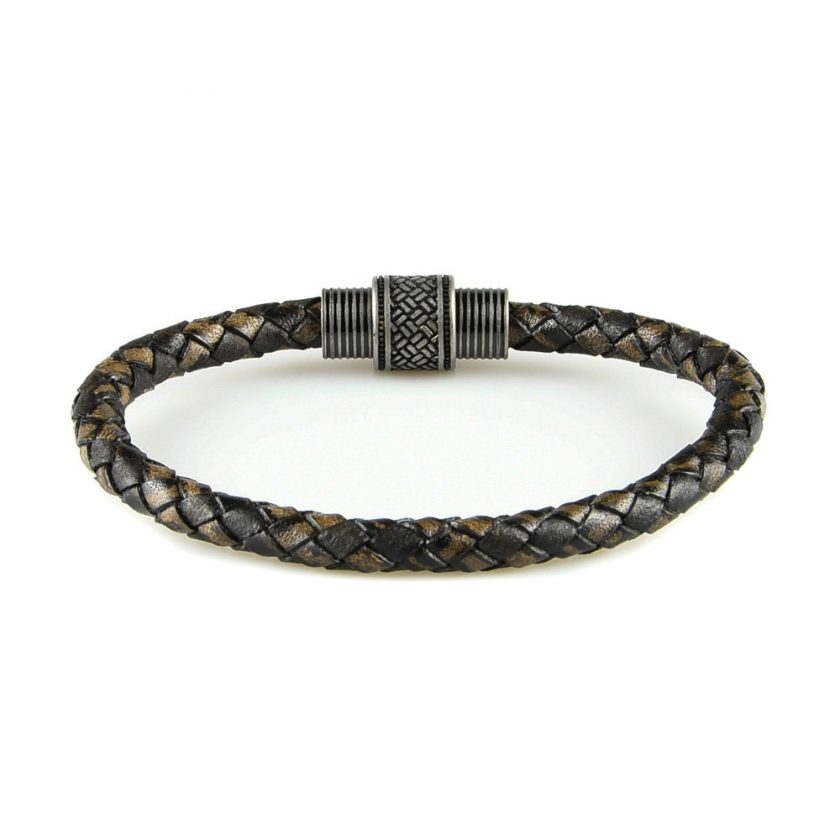 Bracelet pour homme en cuir tressé marron et noir.