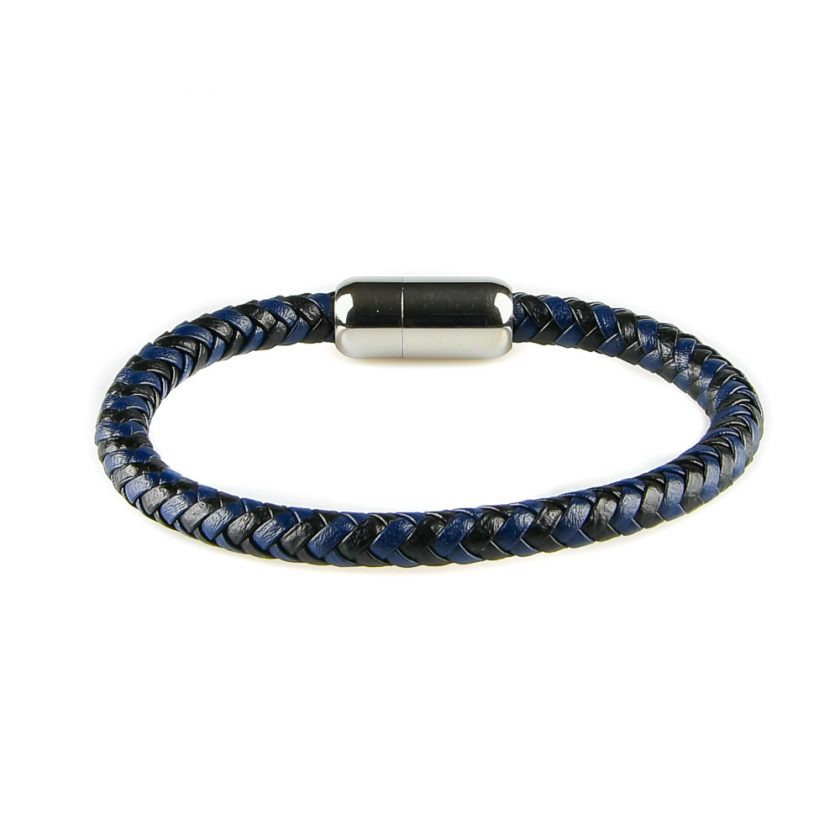 Bracelet pour homme en cuir tressé bleu et noir.