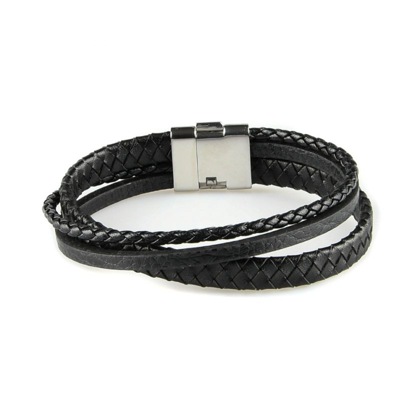 Bracelet en cuir pour homme avec deux lanières de cuir noir tressé et une lisse.