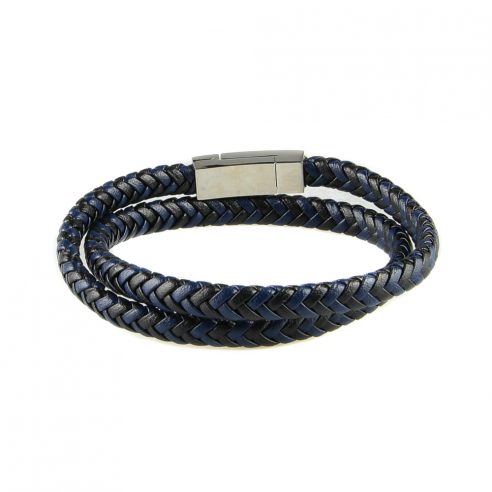 Bracelet multi-tours pour homme en cuir tressé noir et bleu.