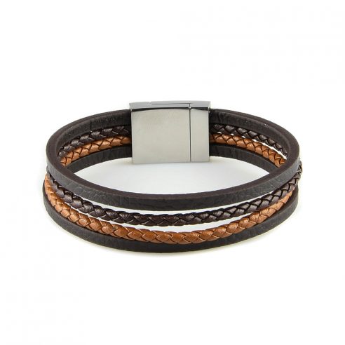 Bracelet en cuir pour homme avec deux lanières de cuir tressé marron foncé et clair, et deux lanières de cuir lisse noir.