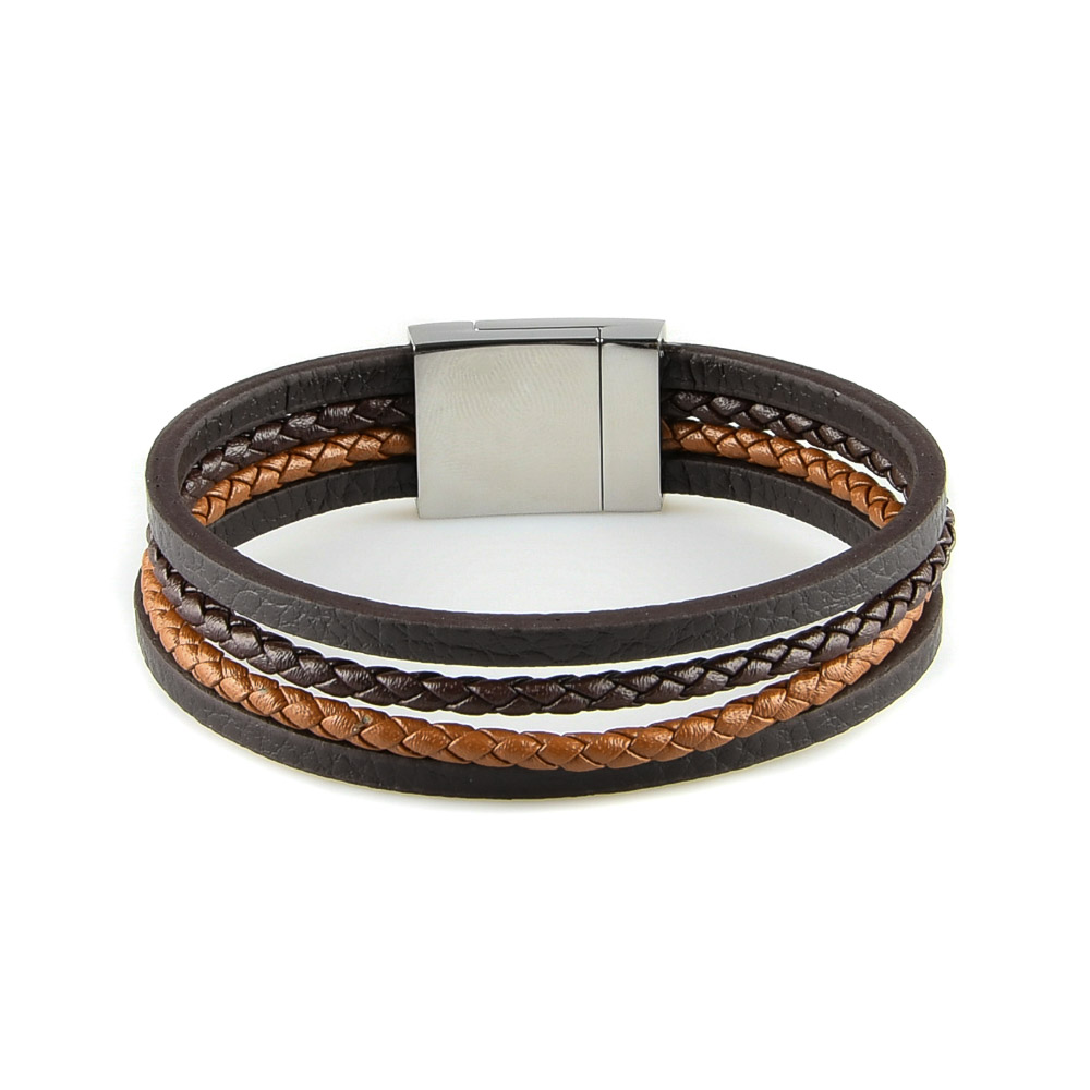 Bracelet Cuir Marron Homme 5 Tours Fermoir Noir - Bracelets Tendances