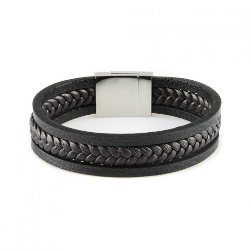 Bracelet en cuir pour homme avec deux lanières de cuir lisse noir et une lanière de cuir tressé marron foncé au centre.