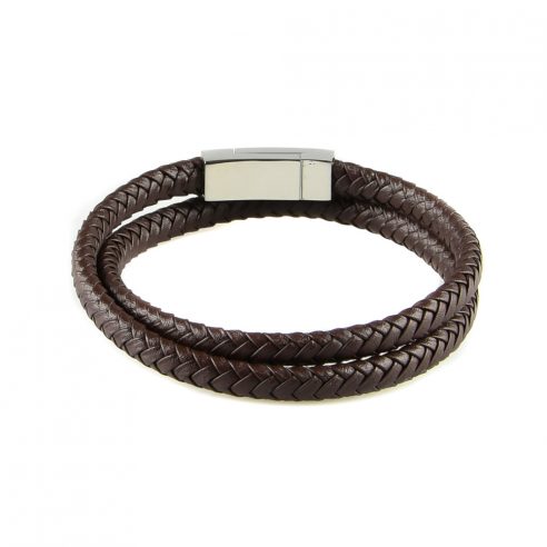 Bracelet multi-tours pour homme en cuir tressé marron.