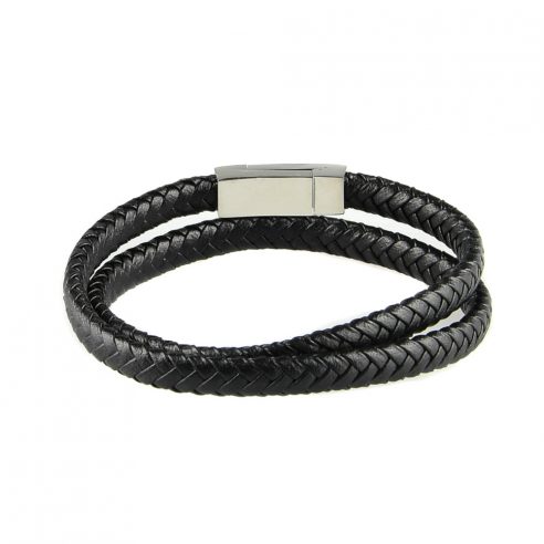 Bracelet multi-tours pour homme en cuir tressé noir.