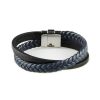 Bracelet en cuir pour homme avec une lanière de cuir tressé bleu foncé et deux lanières de cuir lisse noir.