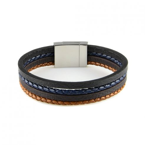 Bracelet en cuir pour homme avec deux lanières de cuir tressé bleu et marron, et deux lanières de cuir lisse noir et marron.