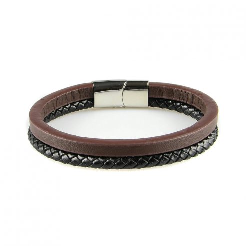 Bracelet en cuir pour homme avec une lanière en cuir tressé noir et une en cuir lisse marron.