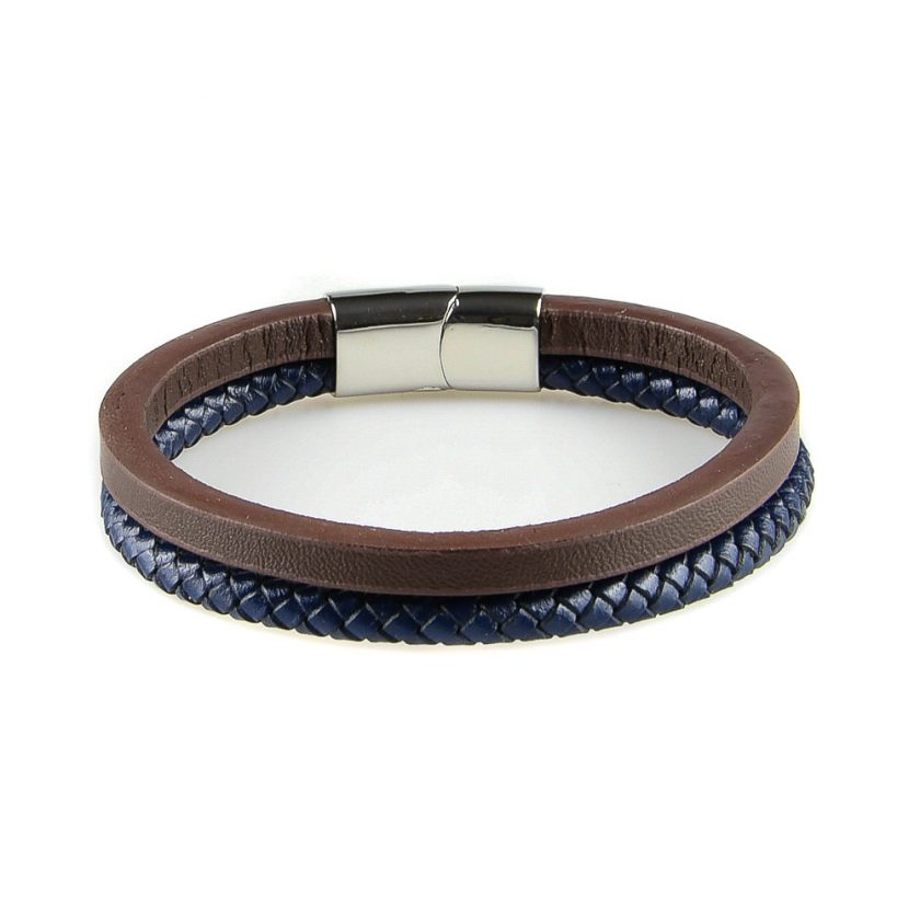 Bracelet en cuir pour homme avec une lanière en cuir tressé bleu et une en cuir lisse marron.